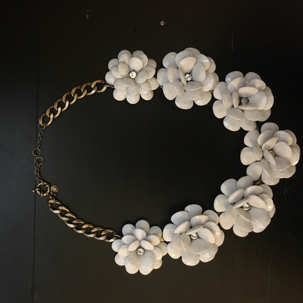 J Crew Necklace with White Flowers and Rhinestones